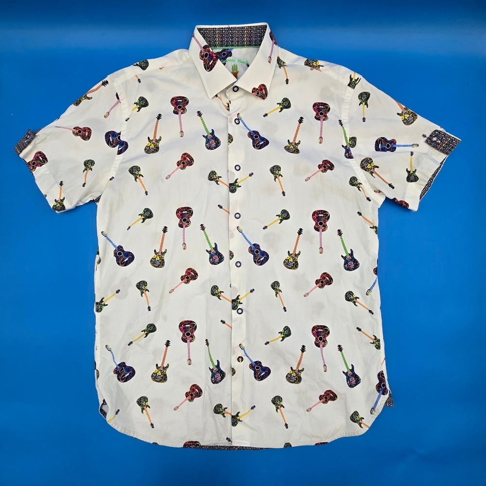 Luchiano Visconti Black Mens Guitar Print Short Sleeve Button Down Shirt‎ Large